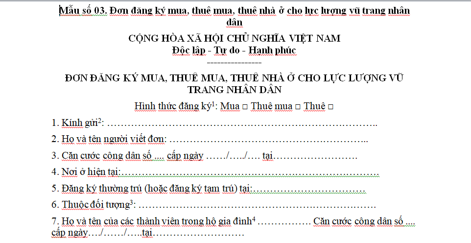 đơn đăng ký mua nhà ở xã hội cho lực lượng vũ trang