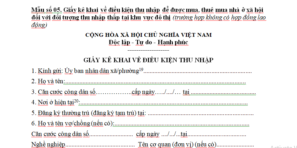 giấy xác nhận điều kiện về thu nhập để mua nhà ở xã hội